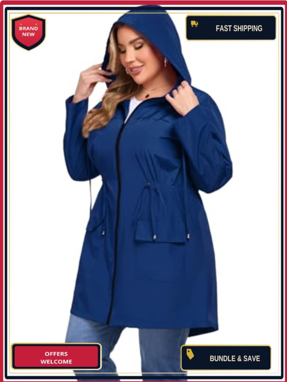 Plus Size Rain Jacket 1X-5X Long Waterproof Lightweight Hooded Windbreaker